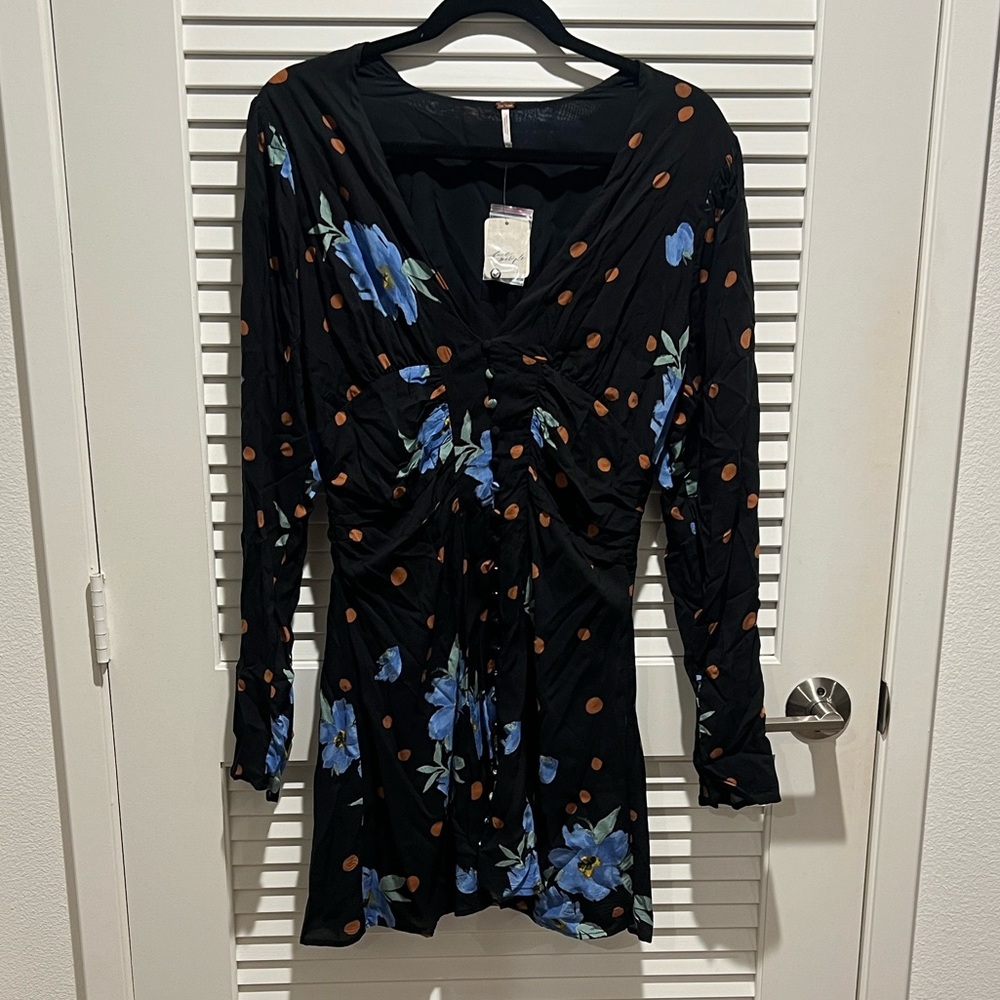 Free People Black Dress with Blue Floral Design